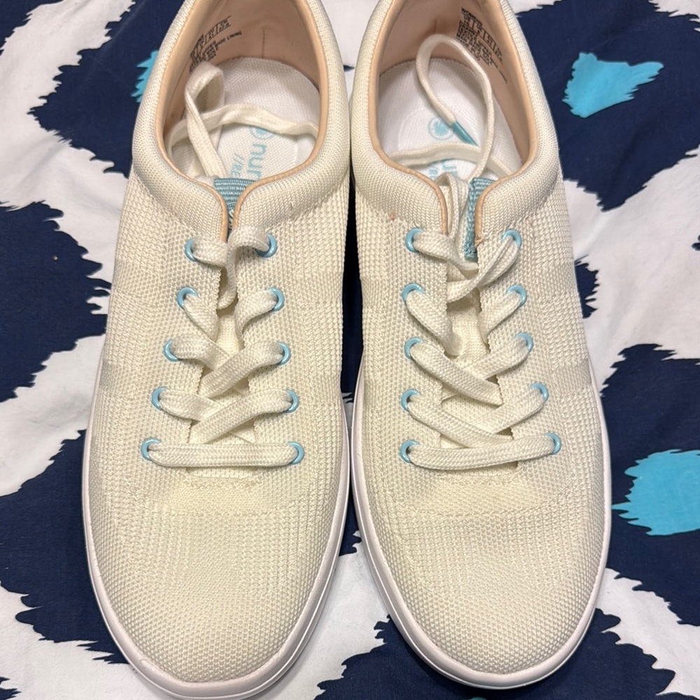 Nurture Cream Knit Lace-Up Sneakers with Light Blue Eyelets